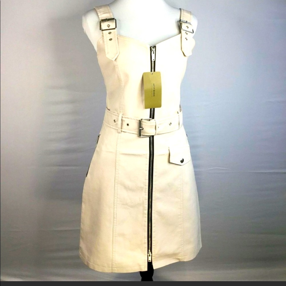 AFTF Basic Beige Leather Full Zip Buckle Strap Belted Sheath Dress Women's Small